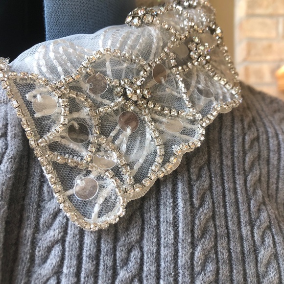 Adrianna Papell NWT Size L Heather Grey Long Sleeve Cardigan with Beaded Collar - Picture 4 of 11